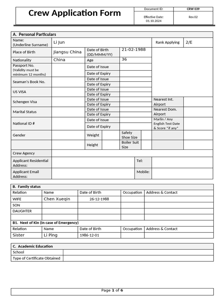 Crew Application Form for Seafarers | PDF | Ships | Shipping