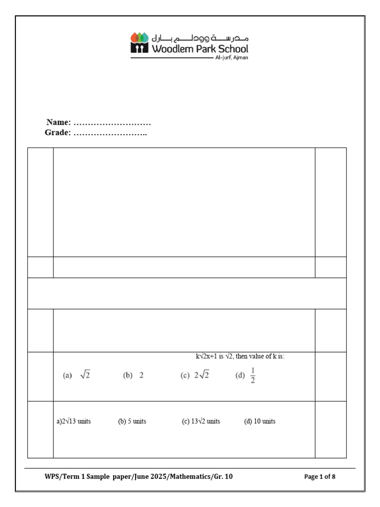 Grade 10 Mathematics Sample Paper 2025 | PDF | Quadratic Equation | Numbers