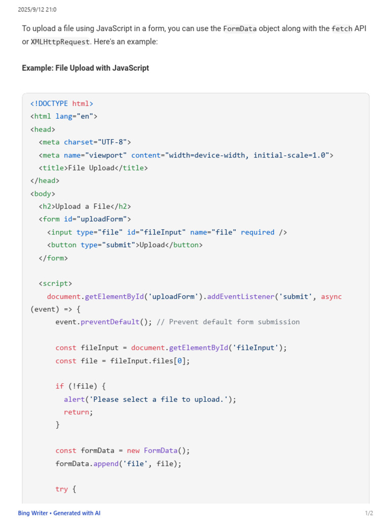 Upload File in Form Javascript 2025-09-12 | PDF | Ajax (Programming ...