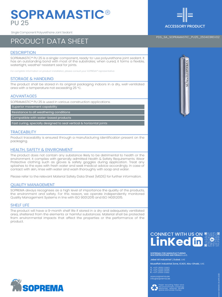 SOPRAMASTIC PU 25 Sealant Product Data | PDF | Materials