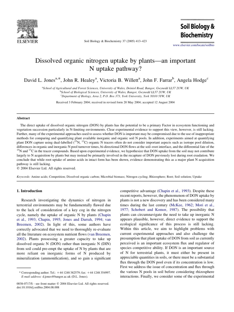 Plant Uptake of Dissolved Organic Nitrogen | PDF | Soil | Root