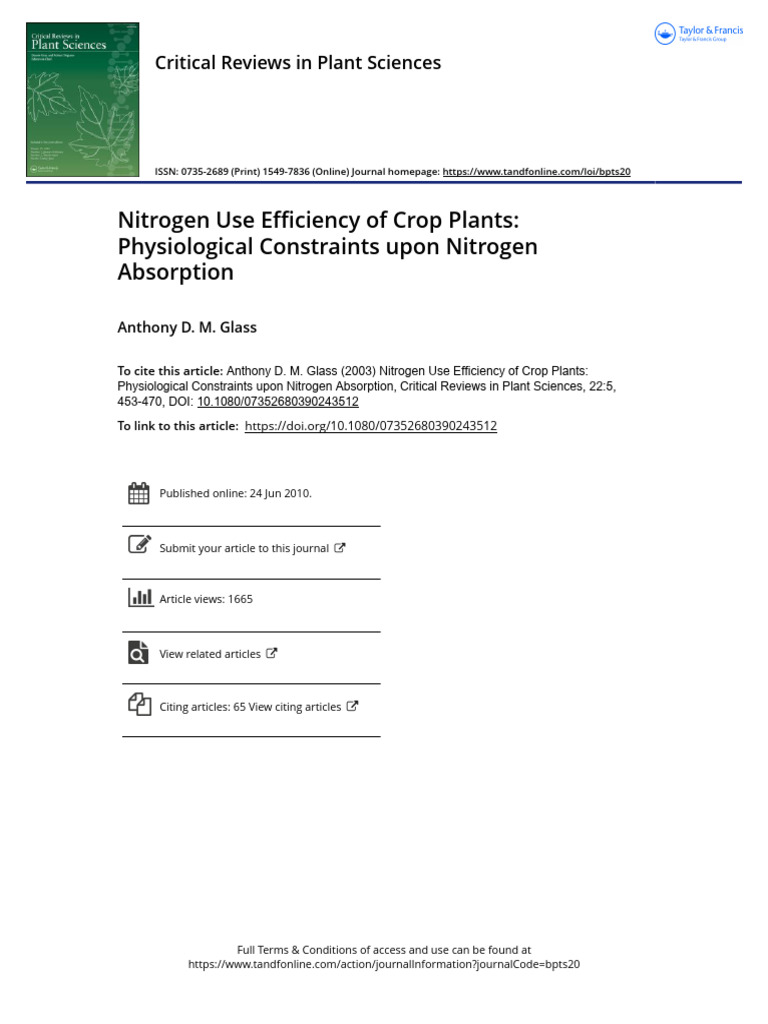 Nitrogen Use Efficiency of Crop Plants Physiological Constraints Upon ...
