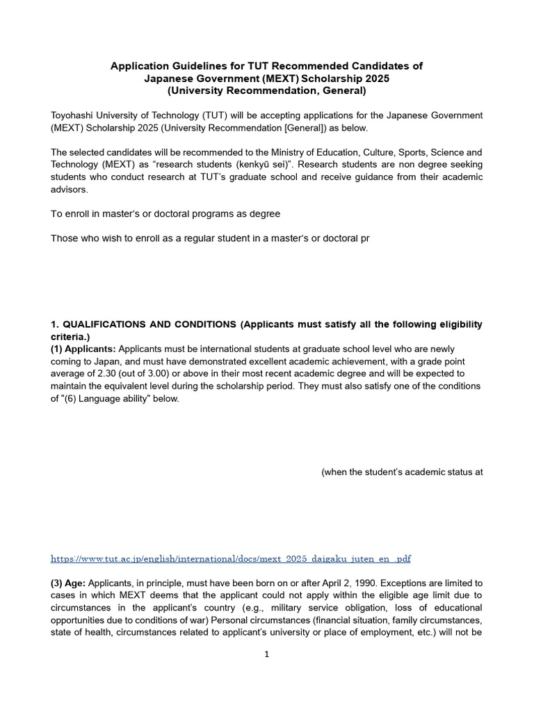 MEXT Scholarship 2025 Application Guide | PDF | Postgraduate Education