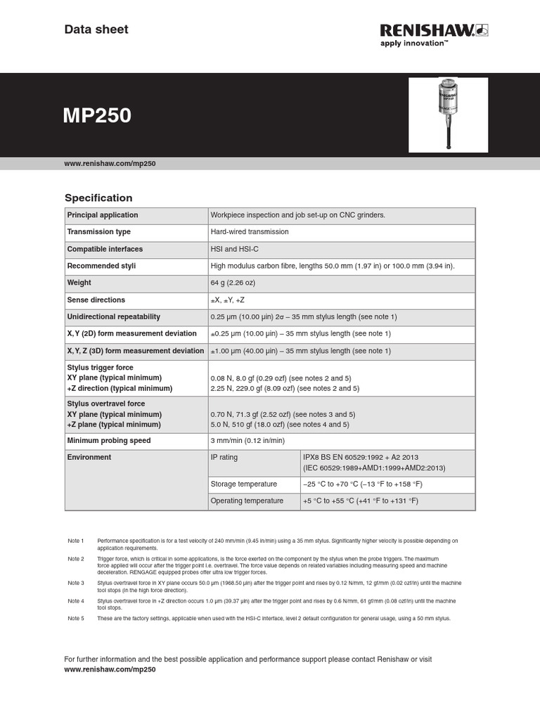 MP250 CNC Probe Specifications Guide | PDF | Force | Mechanical Engineering