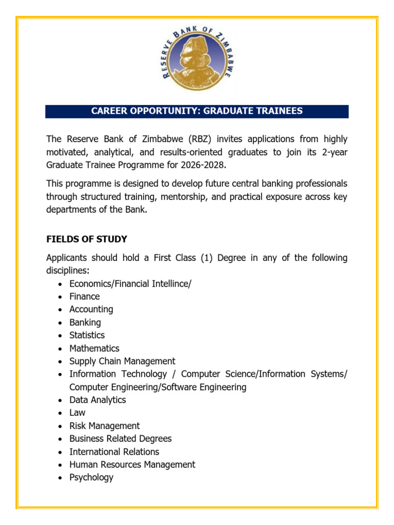 RBZ Graduate Trainee Program 2026-2028 | PDF