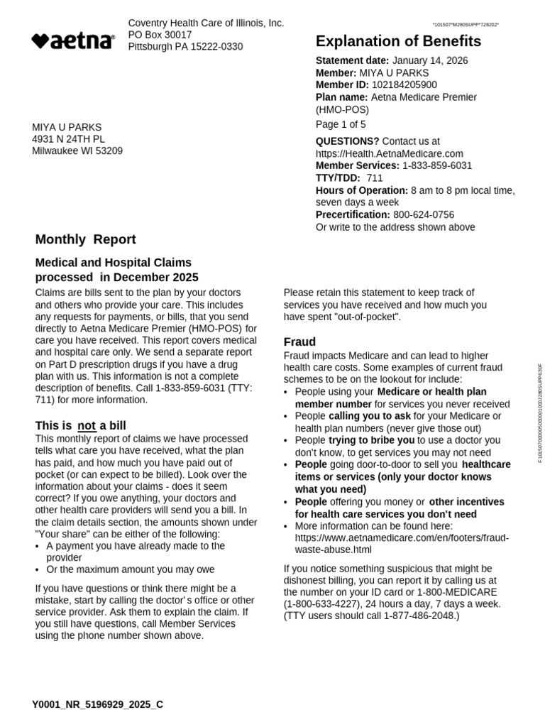 Aetna Medicare Premier EOB Summary | PDF | Medicare (United States ...