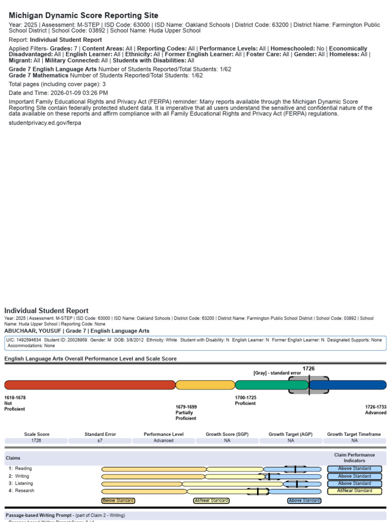 2025 M-STEP Report for Grade 7 Students | PDF