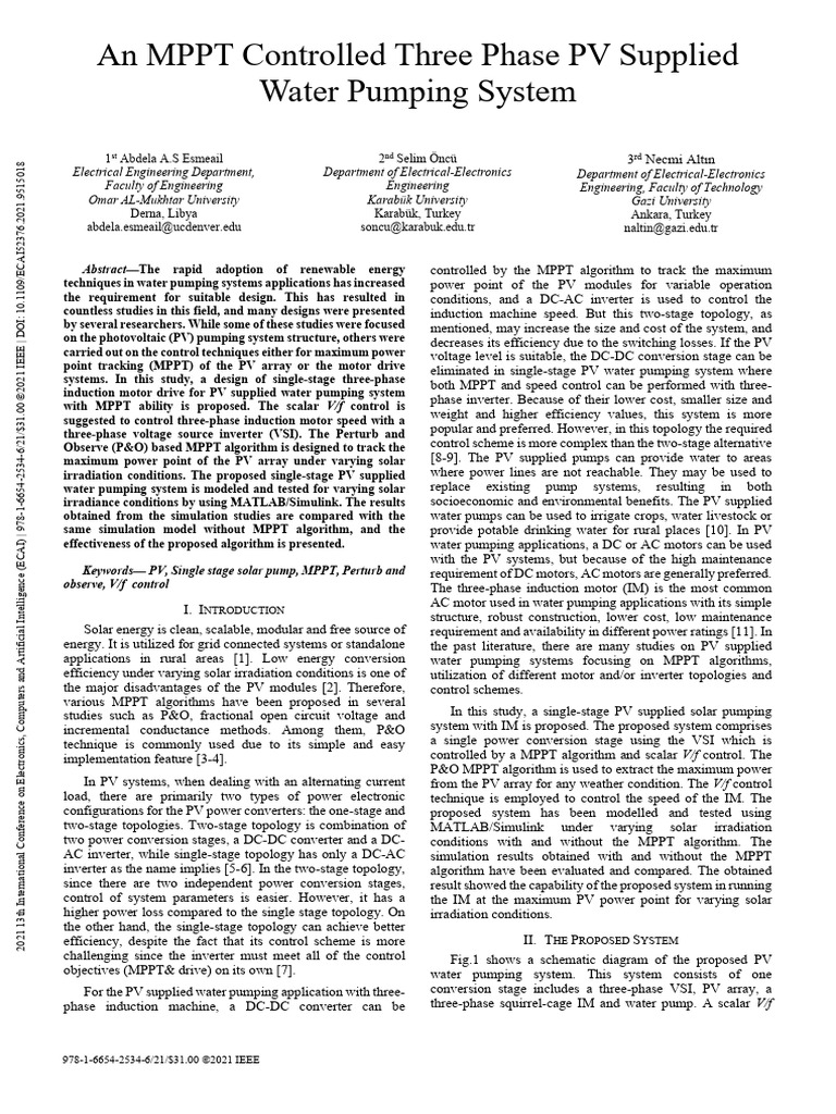 An MPPT Controlled Three Phase PV Supplied Water Pumping System | PDF ...