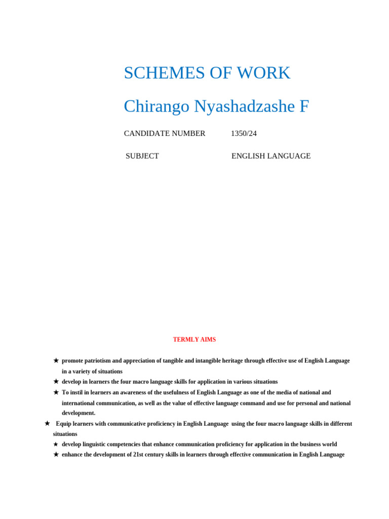 English Language Scheme of Work | PDF | Reading Comprehension | Adjective
