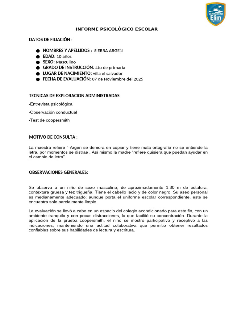 Informe Psicológico Escolar de Argen | PDF | Autoestima | Las emociones