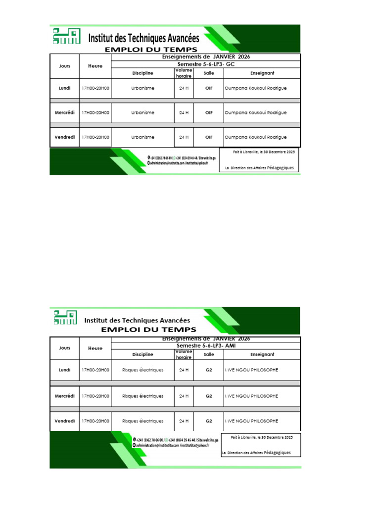 Emploi du temps janvier 2026 - Semestre 5-6 | PDF