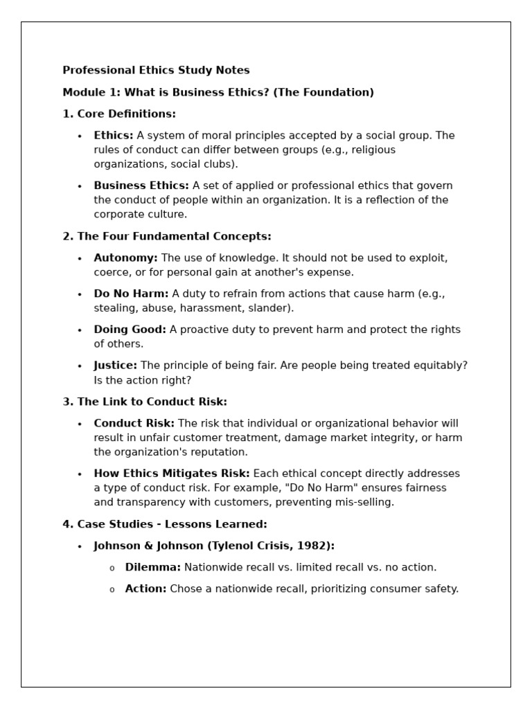 Business Ethics Study Notes Overview | PDF | Risk | Integrity