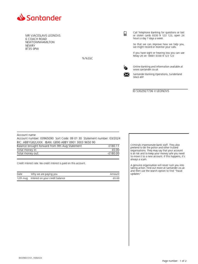 Santander Account Statement Summary | PDF | Overdraft | Financial Services