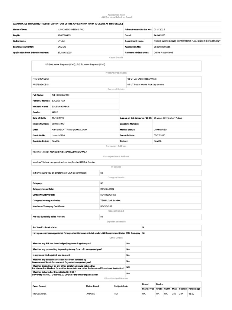 J&K Junior Engineer Application Form | PDF | Justice | Crime & Violence