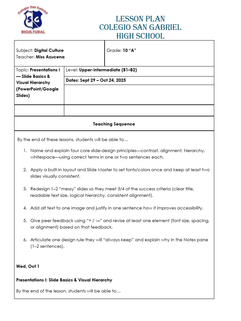 Digital Culture Lesson Plan: Slide Design | PDF | Spreadsheet