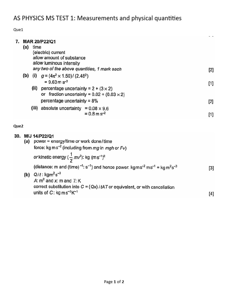 As Physics Test 1 Ms | PDF