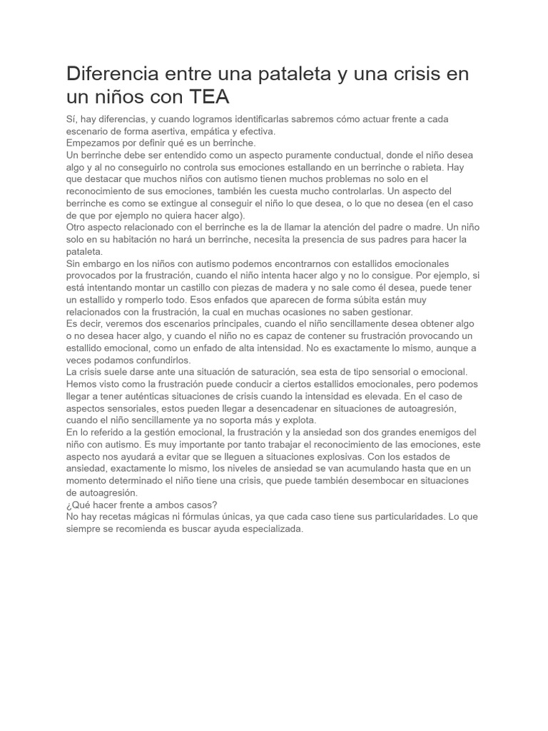 Pataletas vs. Crisis en Niños con TEA | PDF | Las emociones | Autismo