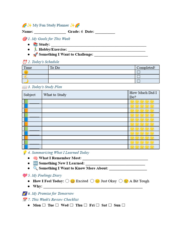 Fun Study Planner for Grade 6 Students | PDF