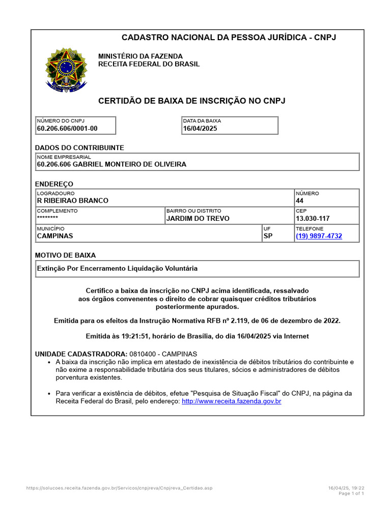 Certidão de Baixa de CNPJ - SP | PDF