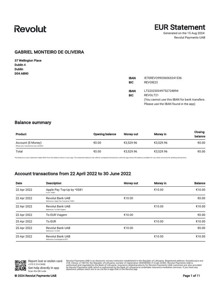 Revolut EUR Statement Overview | PDF | Apple Pay | Banks