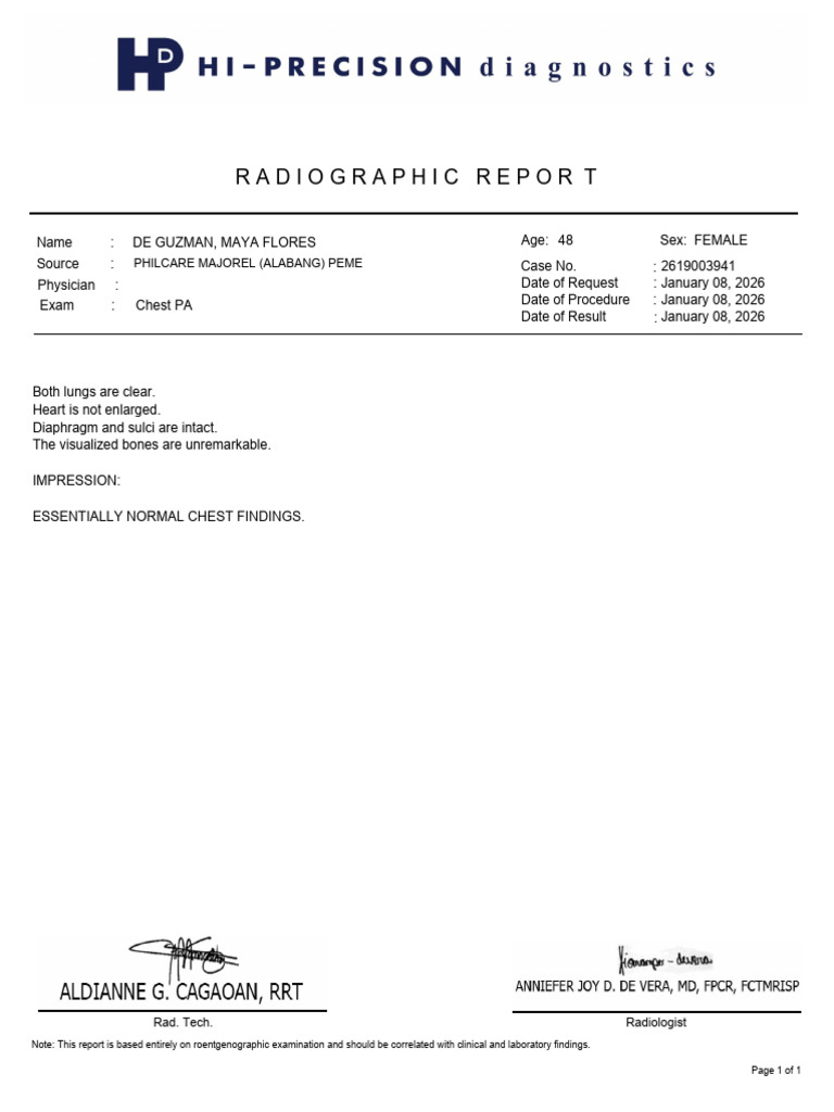 Normal Chest X-Ray Report for Female | PDF