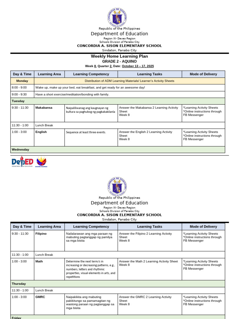 Grade 2 Weekly Learning Plan - Week 8 | PDF | Cognition | Behavior ...