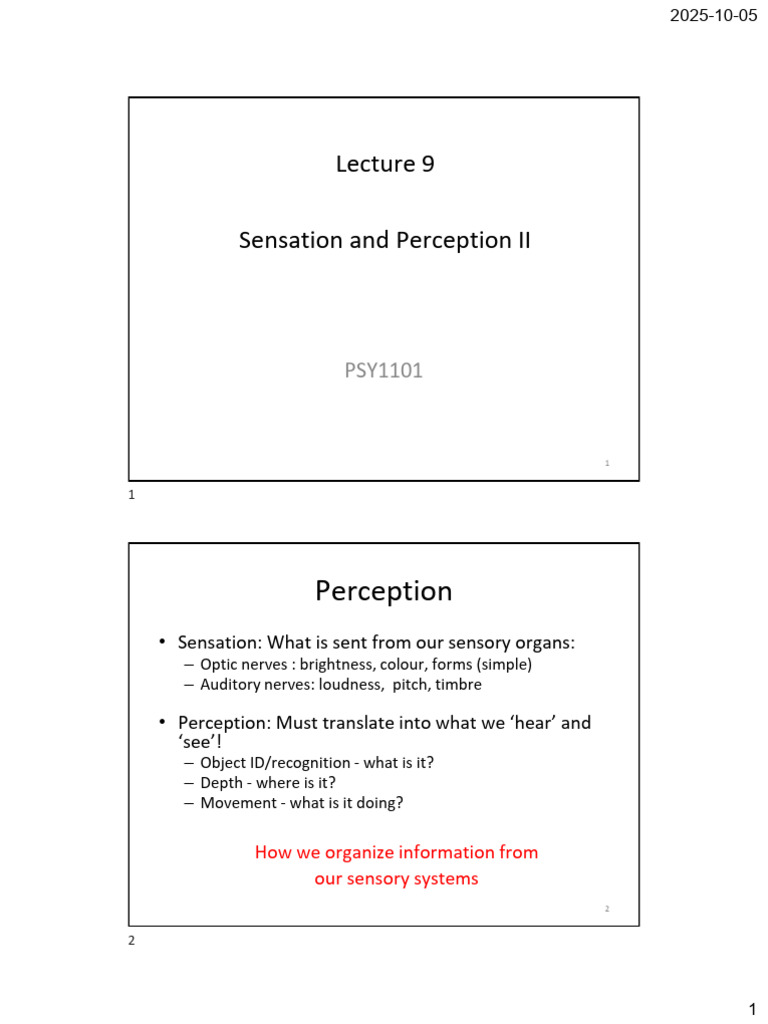 Lecture 9 - Sensation and Perception 2 | PDF | Perception | Senses