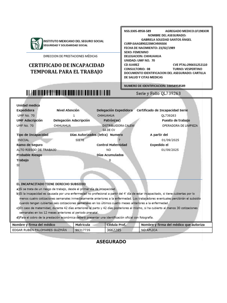 Certificado de Incapacidad Temporal IMSS | PDF