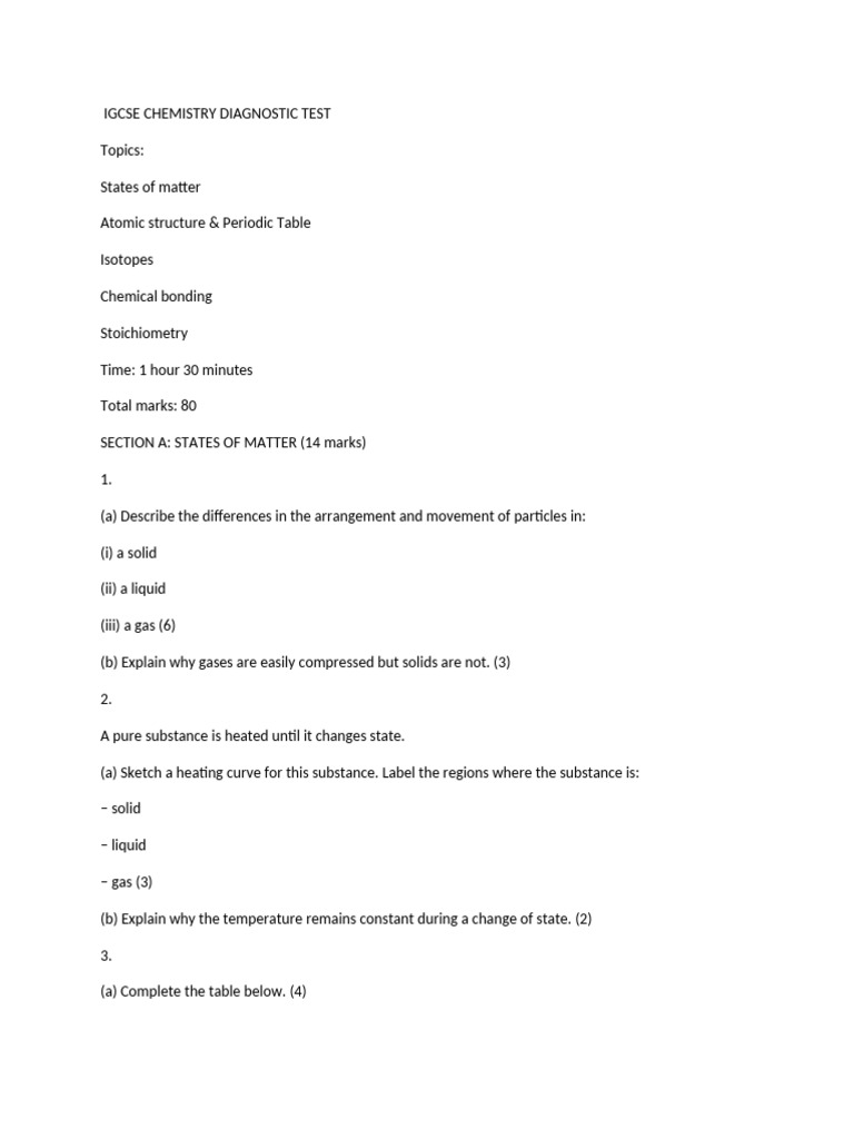 IGCSE Chemistry Diagnostic Test Guide | PDF | Chemical Elements ...