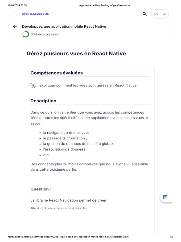 Quiz sur la gestion des vues en React Native | PDF | Informatique