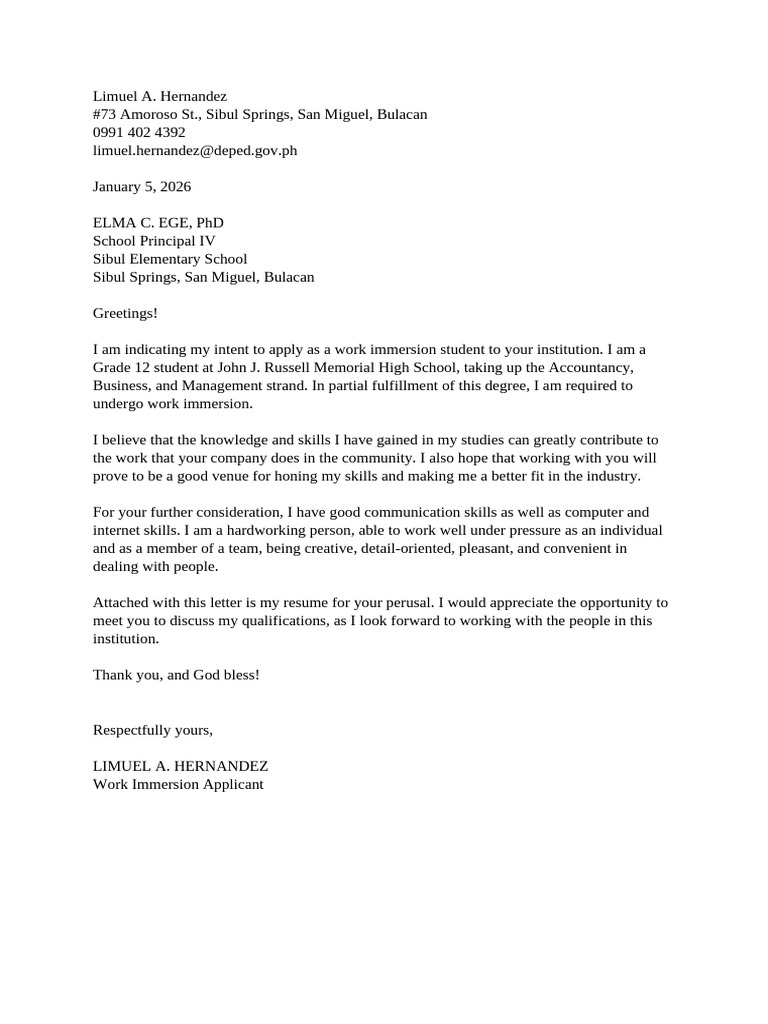 Work Immersion Application Letter | PDF