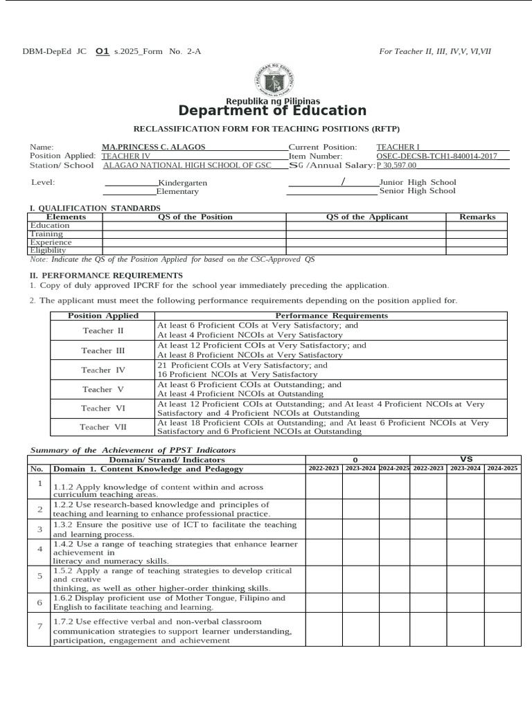 Teacher Position Reclassification Form 2025 | PDF | Learning ...