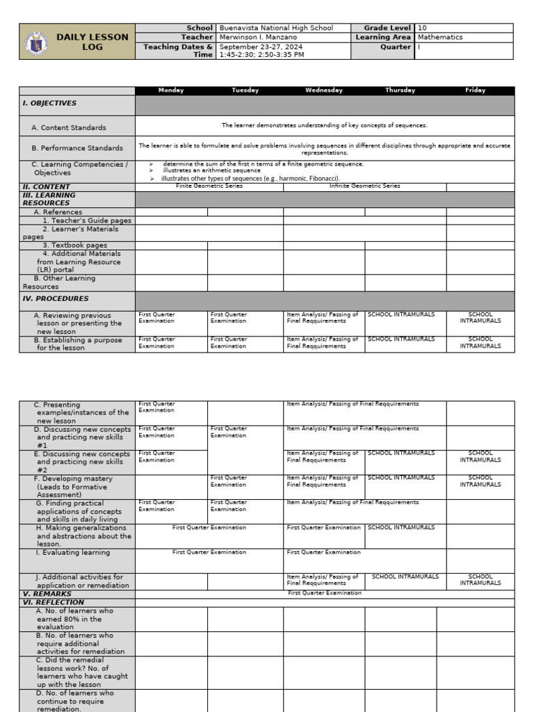 Grade 10 Math Lesson Plan: Sequences | PDF | Mathematical Analysis ...