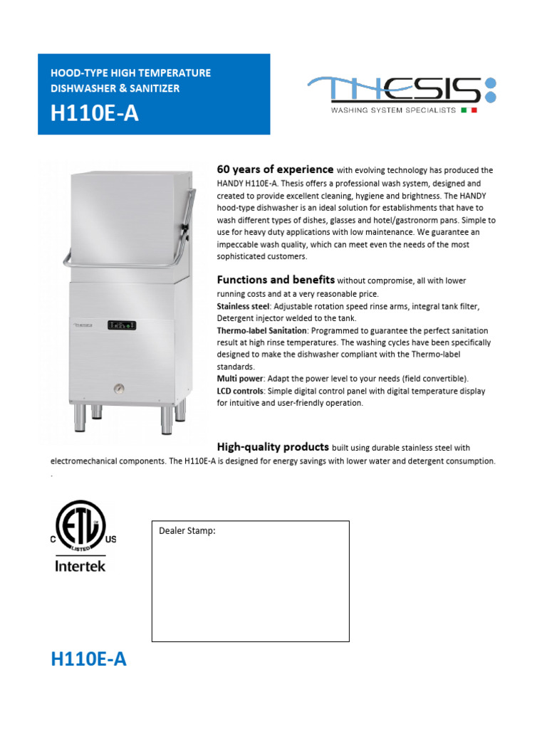 High-Temperature Hood Dishwasher H110E-A | PDF | Dishwasher ...