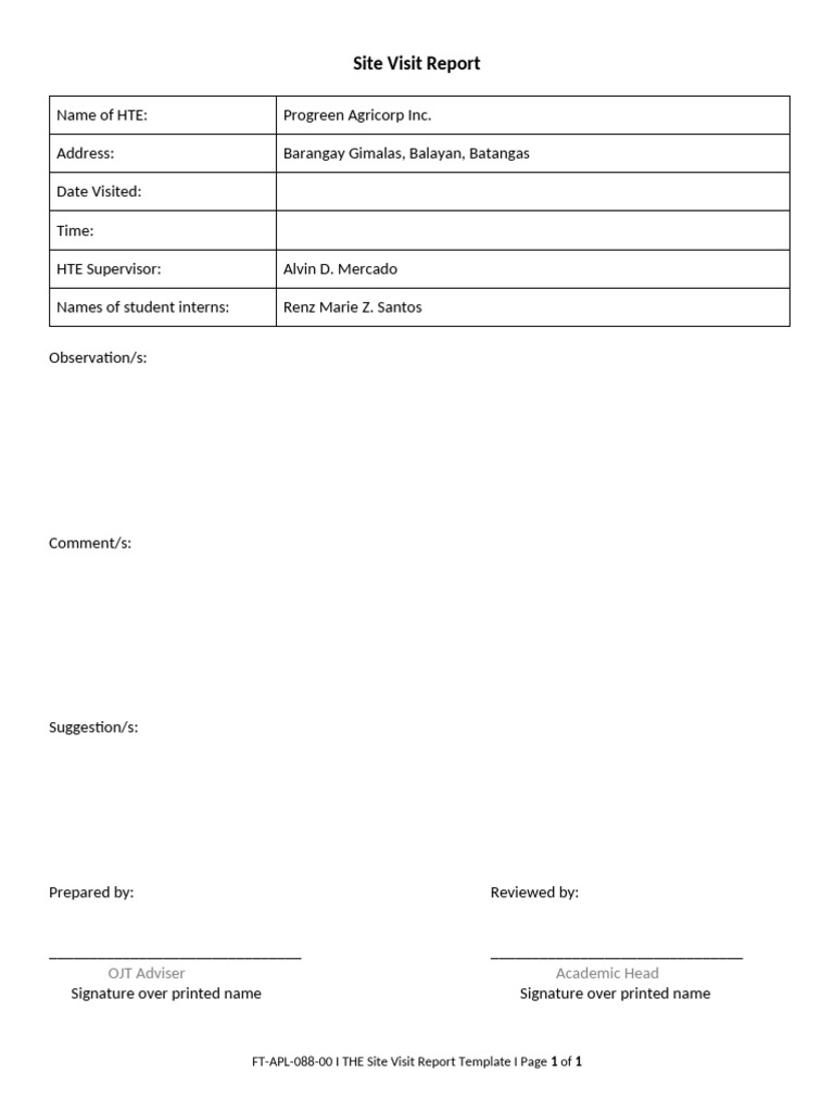FT-CRD-126-00 HTE Site Visit Report Template | PDF