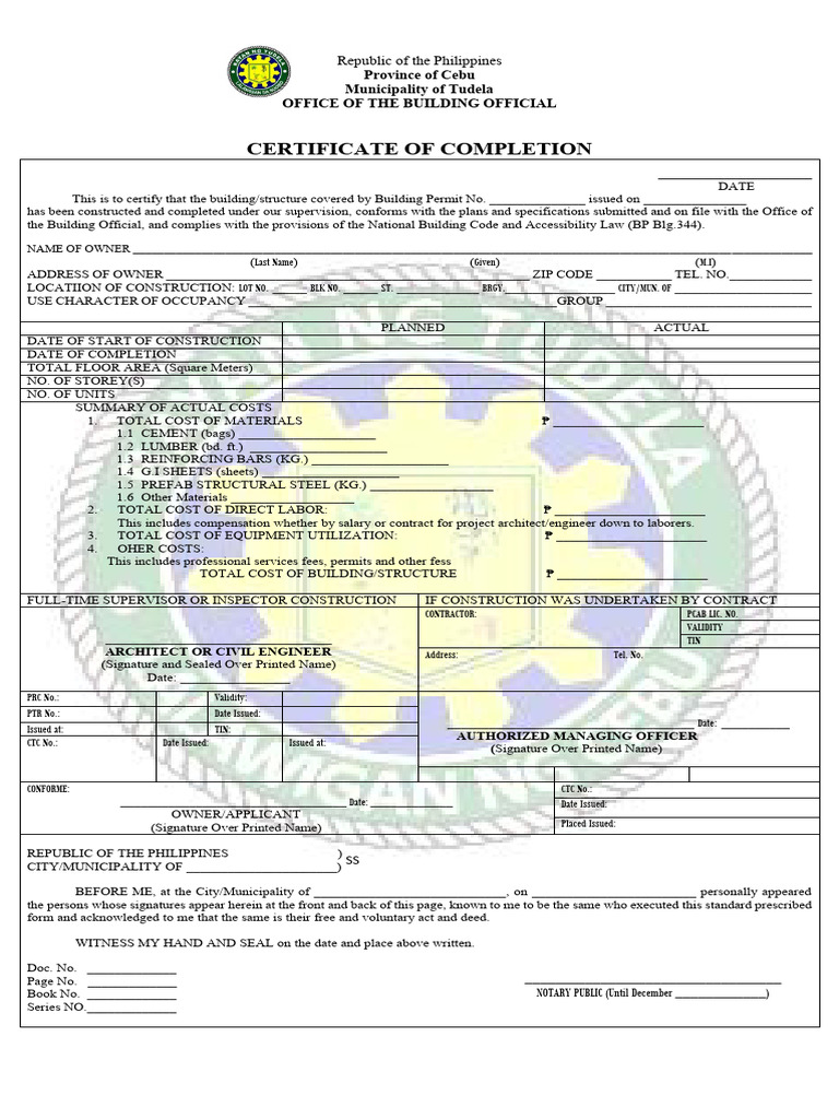 Certificate of Completion for Building | PDF