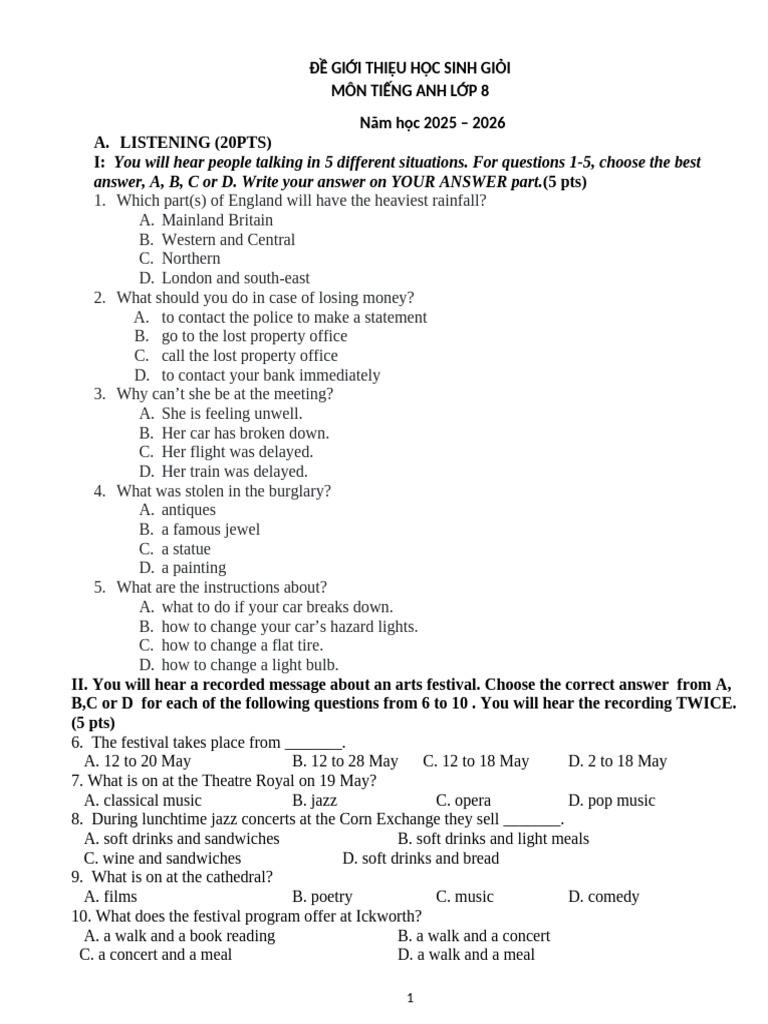 English Proficiency Test for 8th Graders | PDF