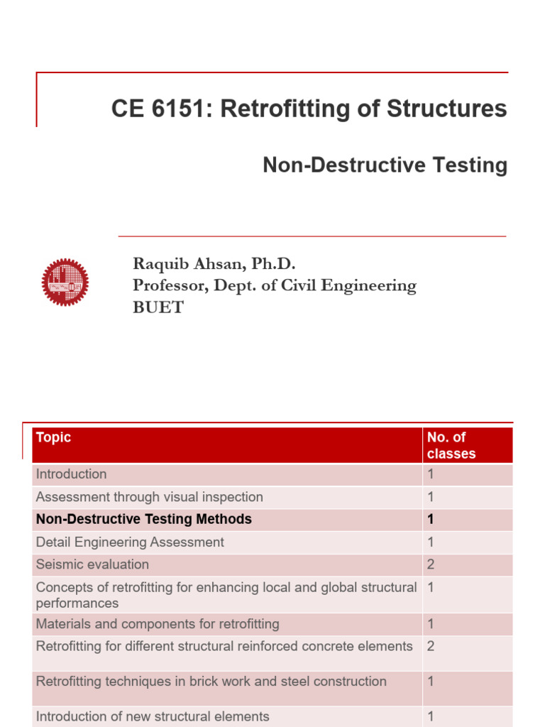 Ce-6151 Lec 3 Ndt 1 | PDF | Nondestructive Testing | Concrete