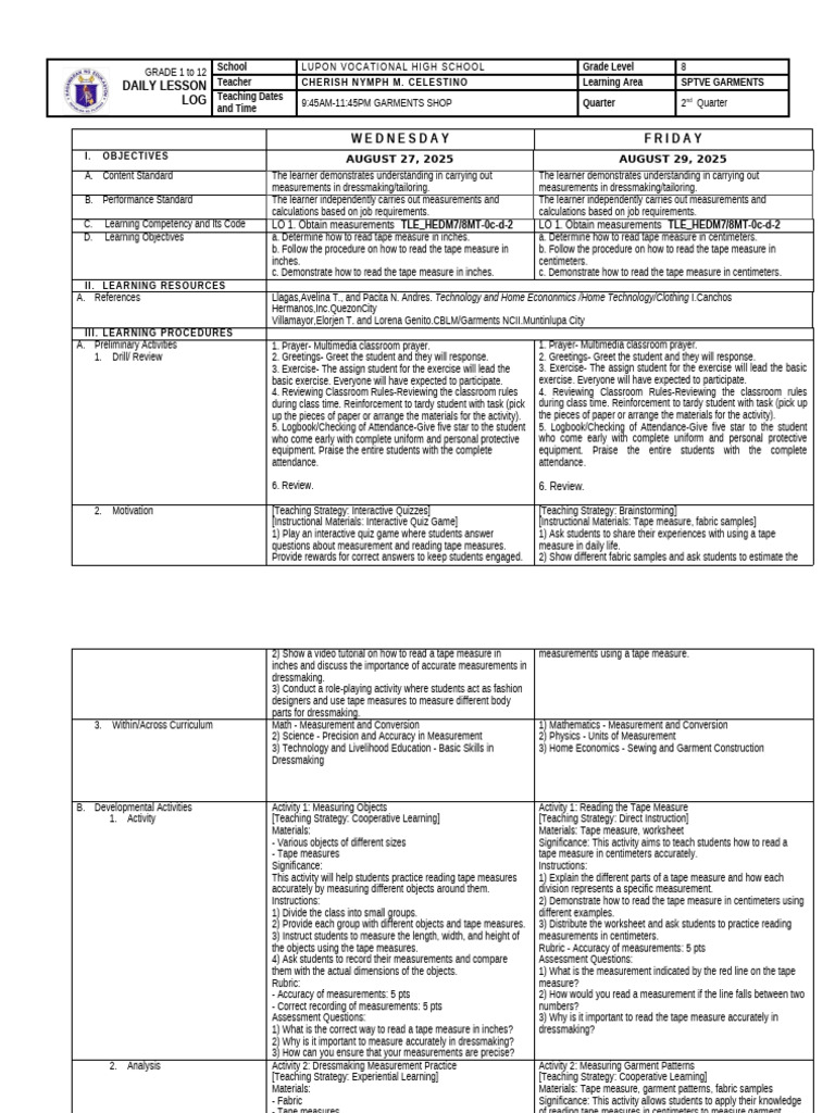 Grade 8 Dressmaking Measurement Guide | PDF | Measurement | Accuracy ...