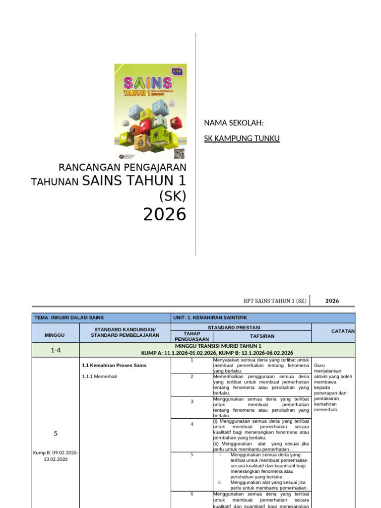 RPT Sains Tahun 1 SK 2026 | PDF