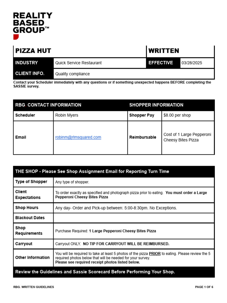 Pizza Hut Mystery Shop Guidelines | PDF