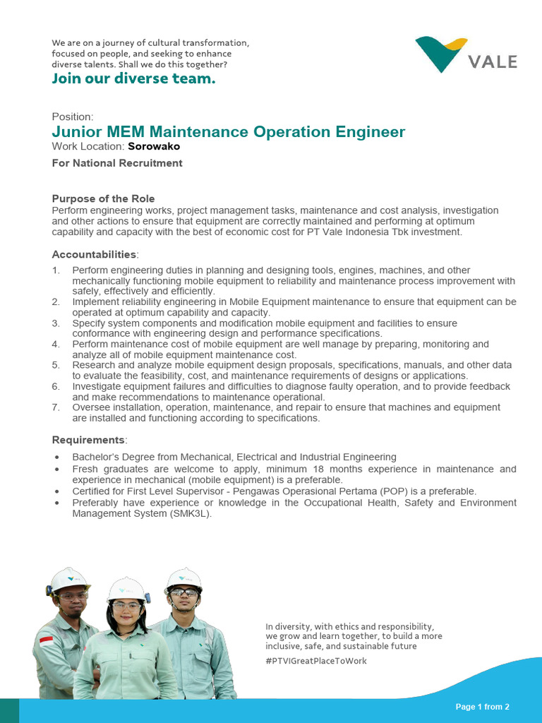 Junior MEM Maintenance Engineer Role | PDF | Reliability Engineering ...