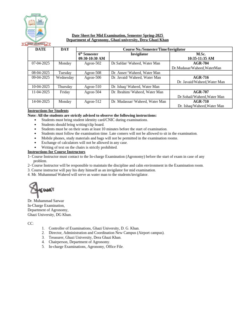 Date Sheet for Mid Examination-Spring-2025 | PDF