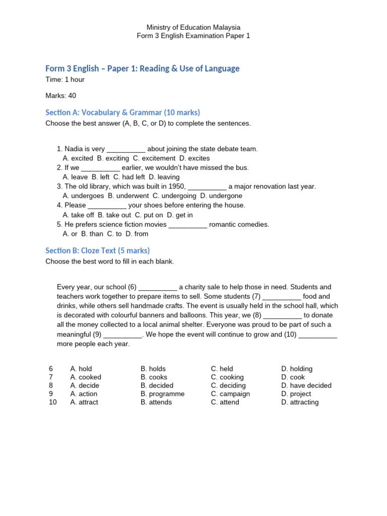Form 3 English Exam Paper 1 Guide | PDF | Verb | Linguistic Morphology