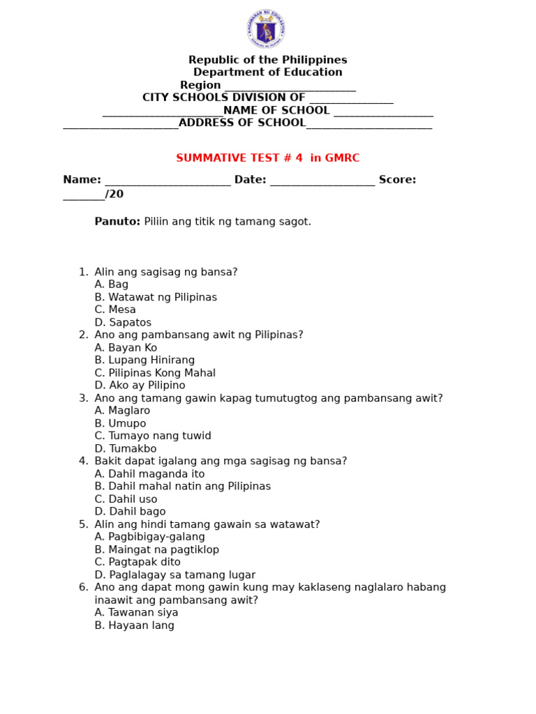 Grade 3 Summative Test in GMRC | PDF
