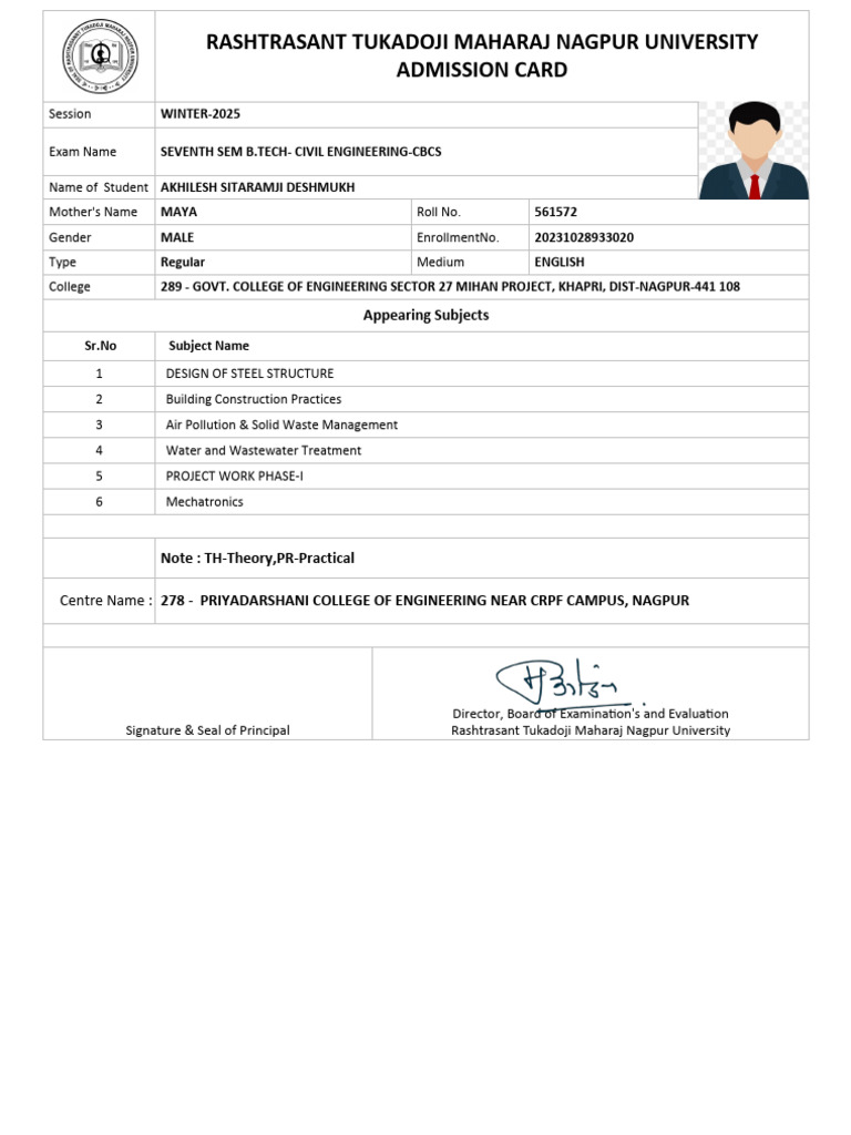 Winter 2025 B.Tech Civil Engineering Admission Cards | PDF ...