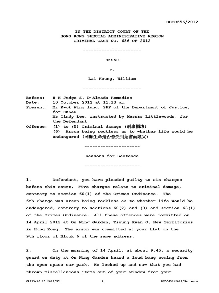 HKSAR v. Lai Keung, William | PDF | Arson | Crime & Violence