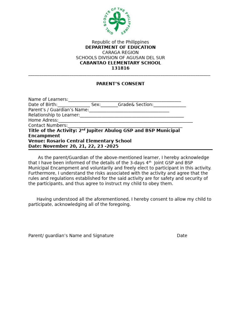Parent's Consent for School Activity | PDF