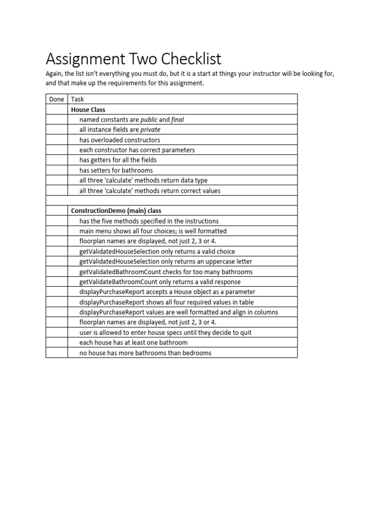 Assignment Two Checklist for House Class | PDF
