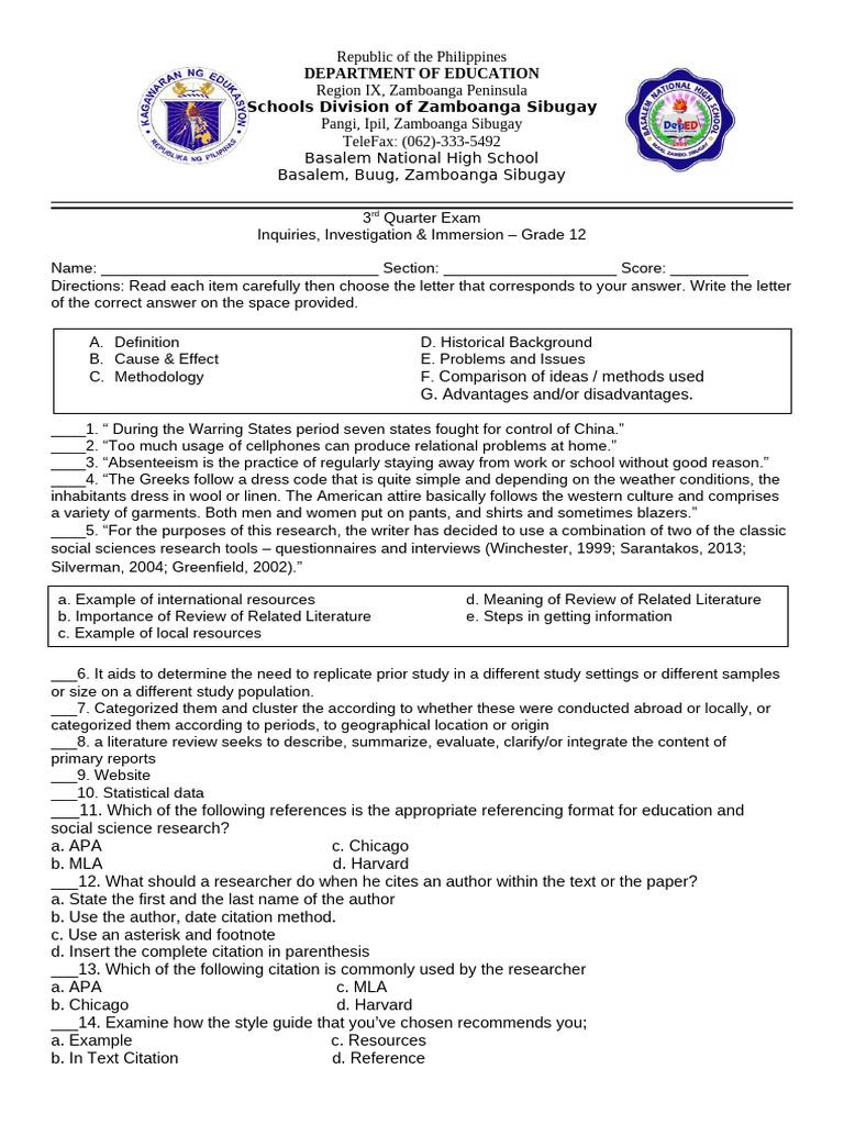 Grade 12 3rd Quarter Exam Guide | PDF | Citation | Apa Style